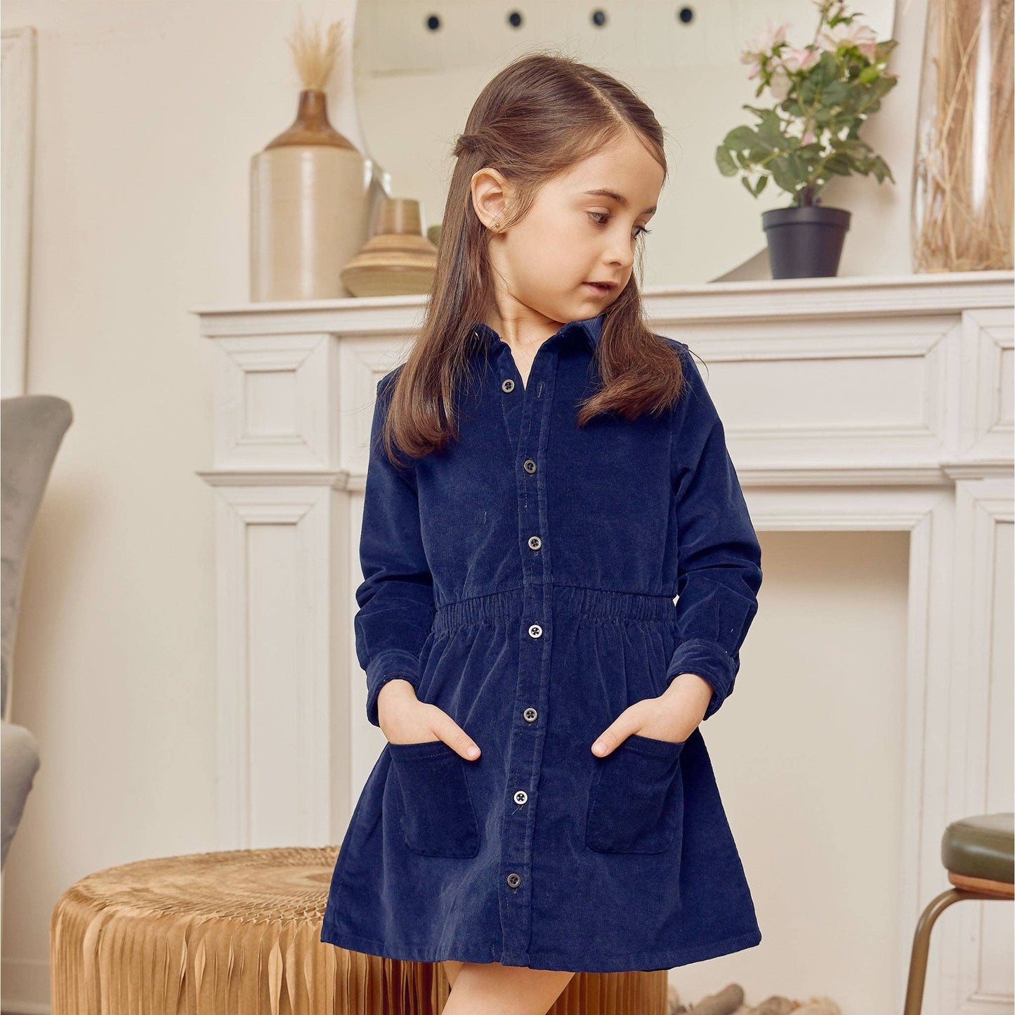 Robe pour filles en velours côtelé et coton, à manches longues, élégante